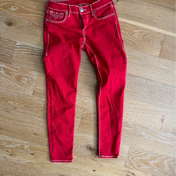 Red with white stitching, super skinny low rise True Religion jeans. - Picture 2 of 2